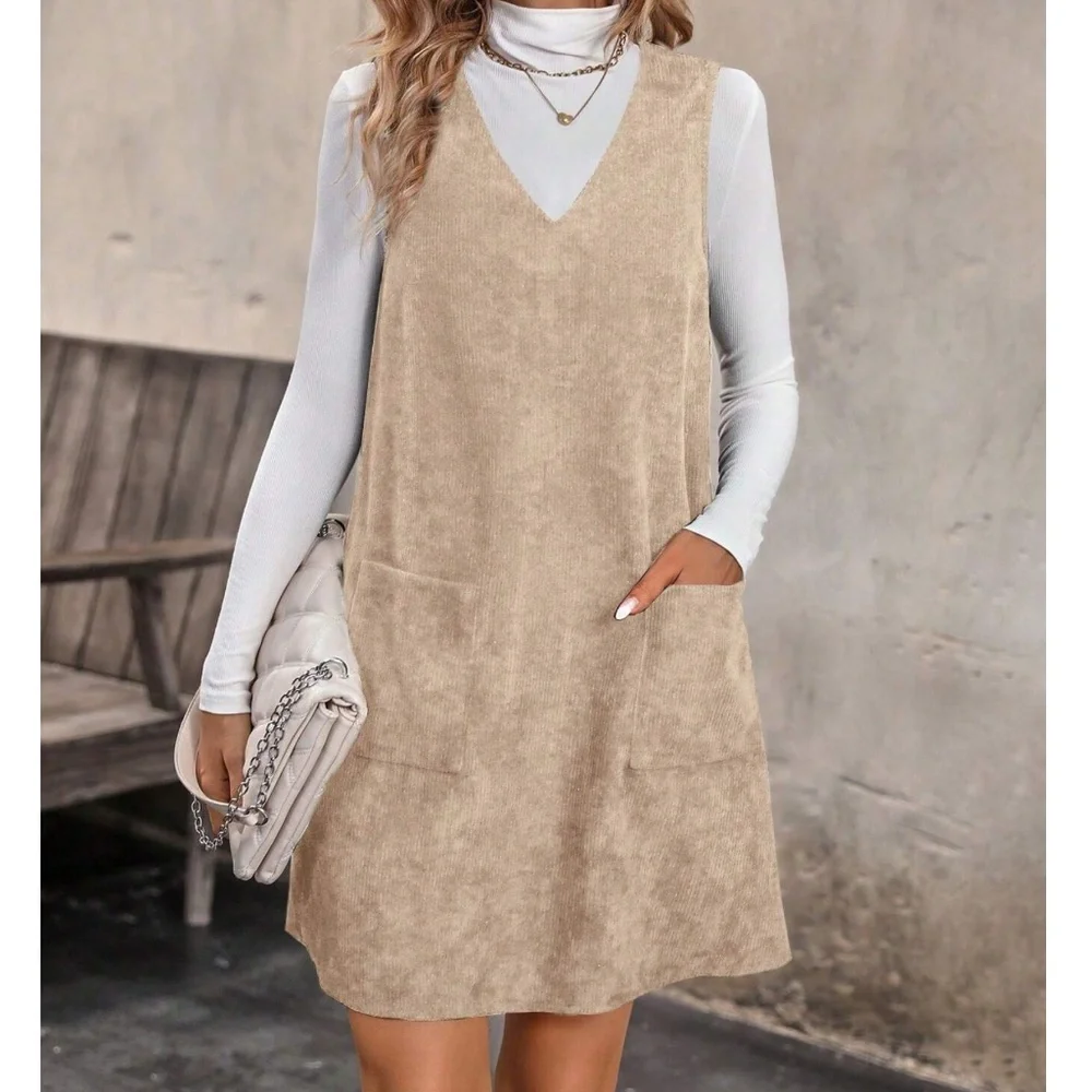 Solid Corduroy Pockets V neck Mini Dress - Picture 2 of 8